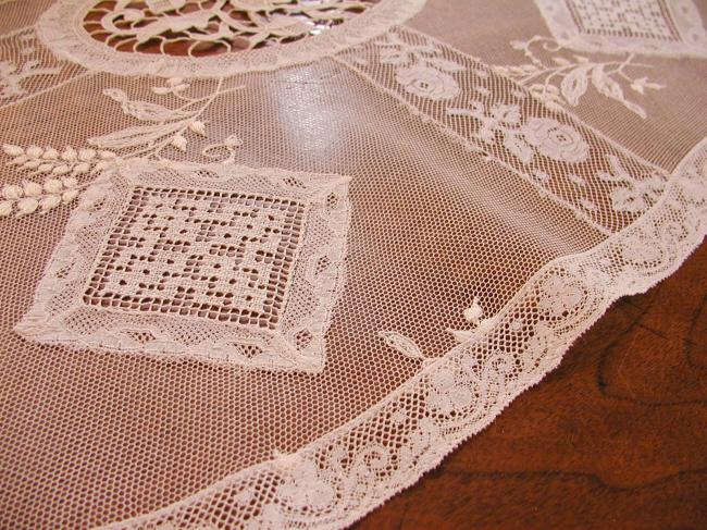 Marvellous Normandy large table runner white embroidery&Valenciennes, fillet
