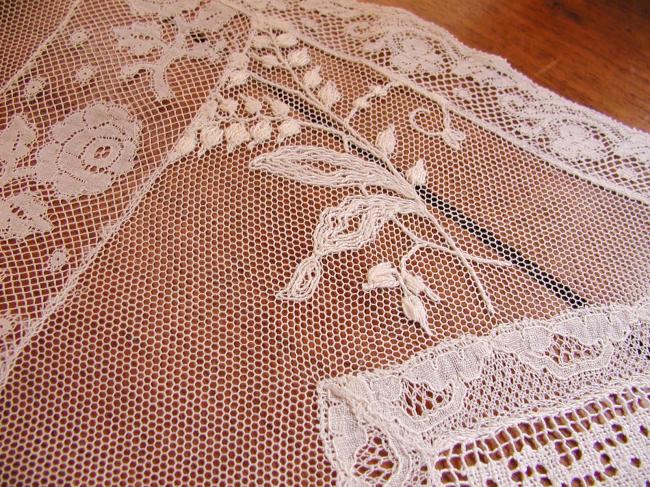 Marvellous Normandy large table runner white embroidery&Valenciennes, fillet