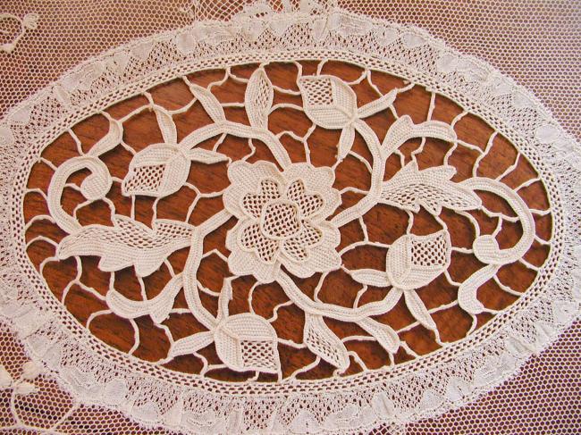 Marvellous Normandy large table runner white embroidery&Valenciennes, fillet