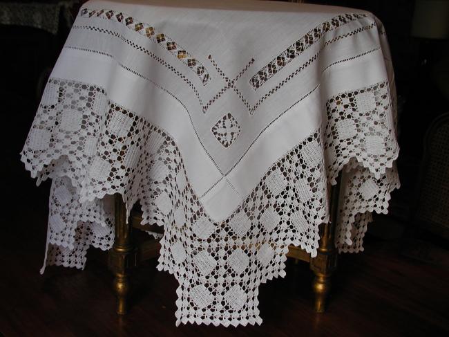 Charming tablecloth with crochet lace and drawn thread and Teneriff work