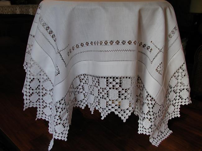 Charming tablecloth with crochet lace and drawn thread and Teneriff work