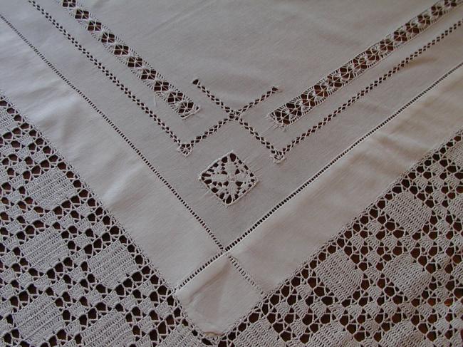 Charming tablecloth with crochet lace and drawn thread and Teneriff work