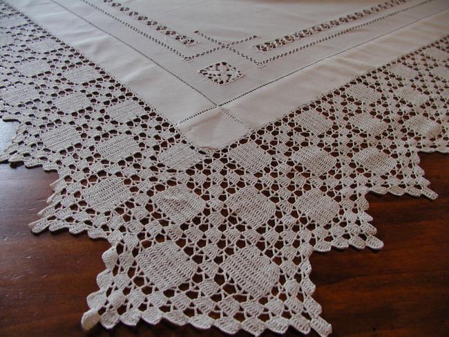 Charming tablecloth with crochet lace and drawn thread and Teneriff work