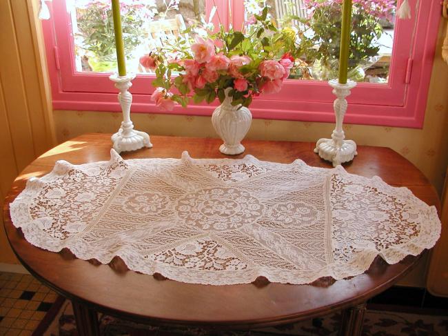 Marvellous  large table runner in chemical &Valenciennes, fillet lace 1900