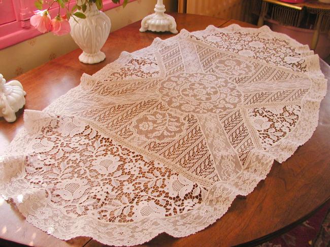 Marvellous  large table runner in chemical &Valenciennes, fillet lace 1900