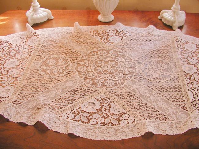 Marvellous  large table runner in chemical &Valenciennes, fillet lace 1900