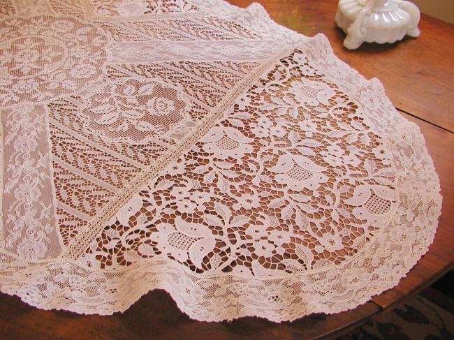 Marvellous  large table runner in chemical &Valenciennes, fillet lace 1900