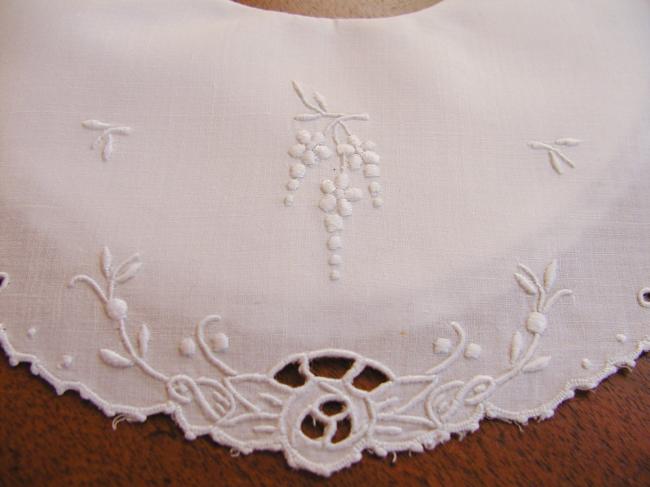 Superb double baby bib with hand embroidered wisteria grappe