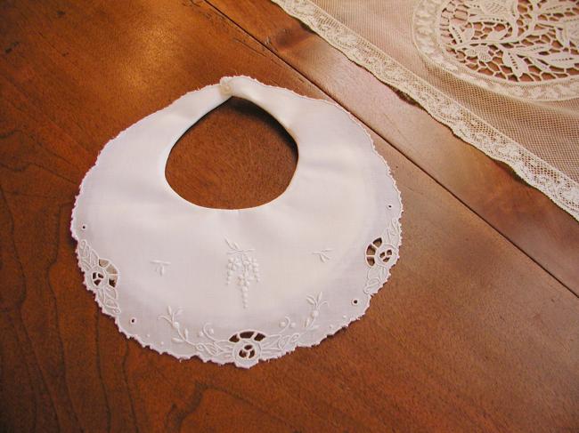 Superb double baby bib with hand embroidered wisteria grappe