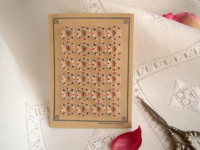 Adorable carte de 24 petits boutons cuvette en verre peint en rouge et bleu 1920