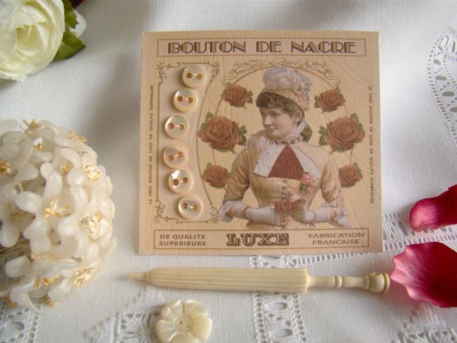 Jolie carte de 6 boutons anciens de nacre de couleur beige rosé 10mm