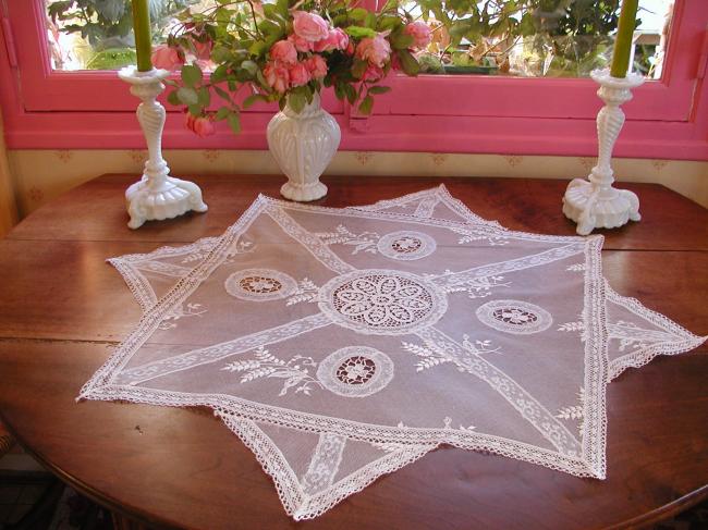 Superb Normandy large table centre white embroidery & Valenciennes,point Venizia