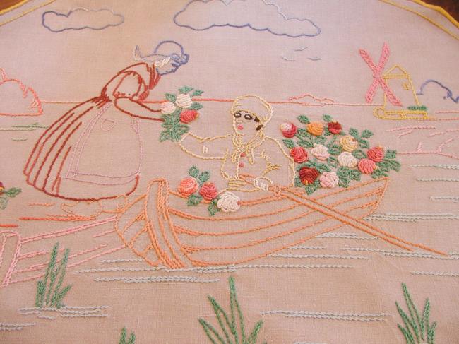 Adorable table centre with hand-embroidered lady in a boat in Holland