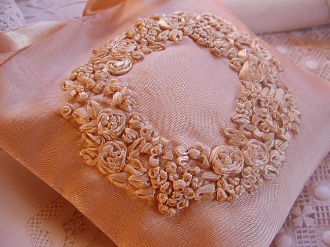 Luxureous silk lavander sachet with hand-embroidered ribbon flowers crown , ecru