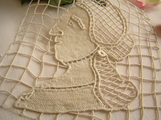 Superbe motif d'insertion, dentelle Reticella dame au chignon,19ème