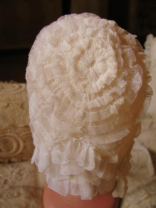 Exceptional doll bonnet with hand-made Point d'Alençon lace 1870