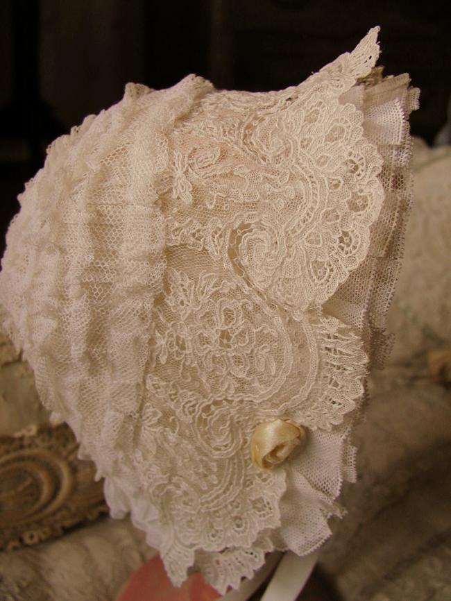 Exceptional doll bonnet with hand-made Point d'Alençon lace 1870