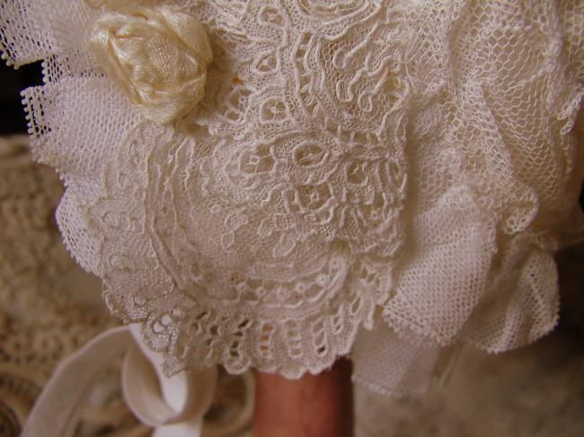 Exceptional doll bonnet with hand-made Point d'Alençon lace 1870