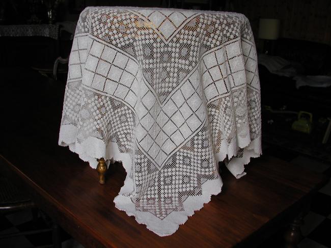 Stunning filet lace tablecloth entirely hand made.