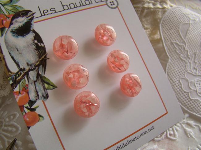 carte de 6 petits boutons en 'champignon', roses en résine pailletée en Ø 14 mm 