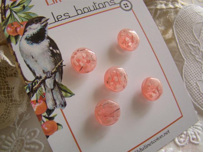 carte de 5 petits boutons en 'champignon', roses en résine pailletée en Ø 14 mm