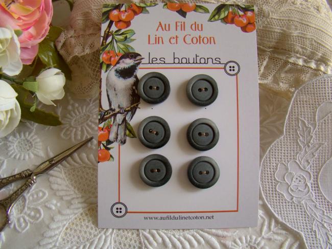 Carte de 6 boutons moyens imitation corne gris-gris foncé en Ø 17mm