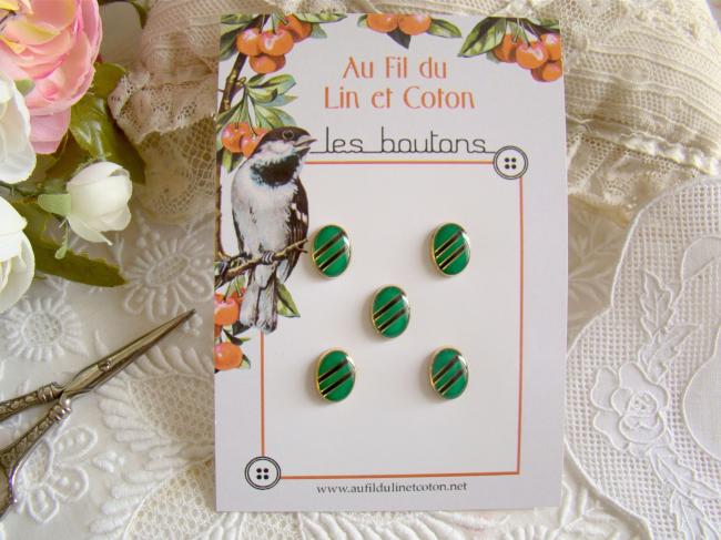 Carte de 5 petits boutons cerclé de doré résine avec motif vert-noir  Ø 10x14mm