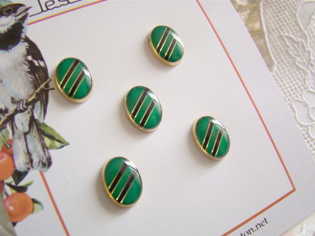 Carte de 5 petits boutons cerclé de doré résine avec motif vert-noir  Ø 10x14mm