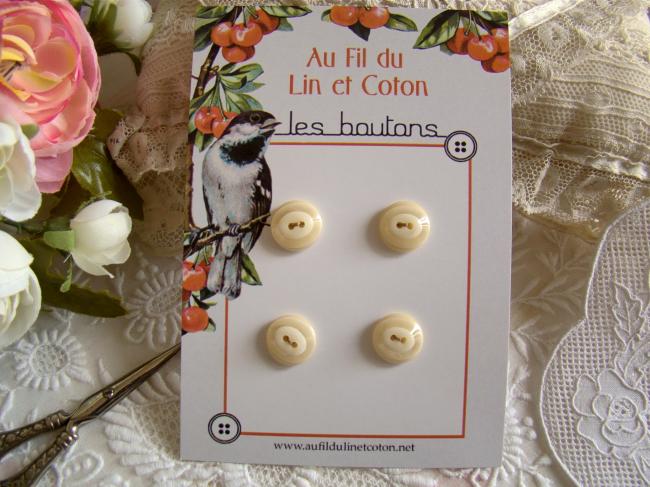 Carte de 4 petits boutons ronds en résine nacré blanc crème Ø 14mm