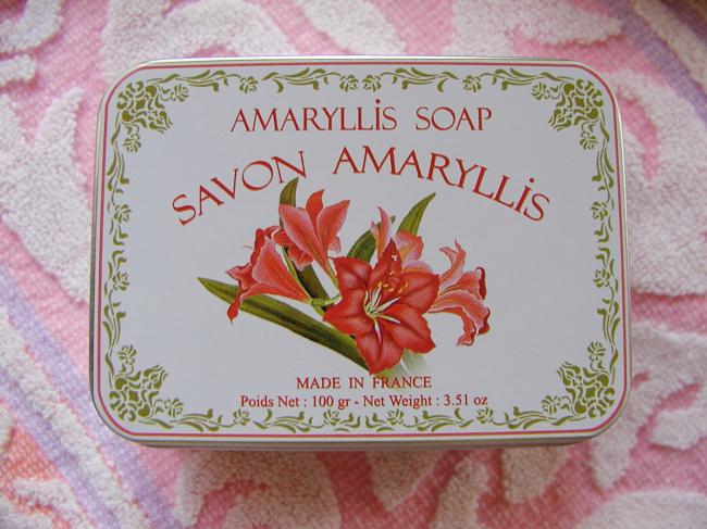 Adorable boîte rectangulaire décorée avec son savon parfumé à l'Amaryllis