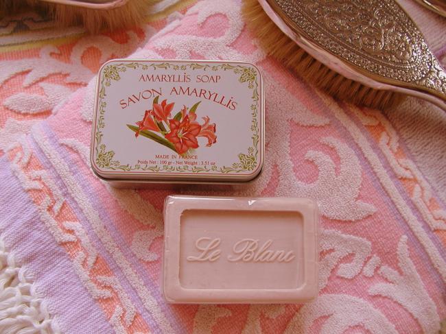 Adorable boîte rectangulaire décorée avec son savon parfumé à l'Amaryllis