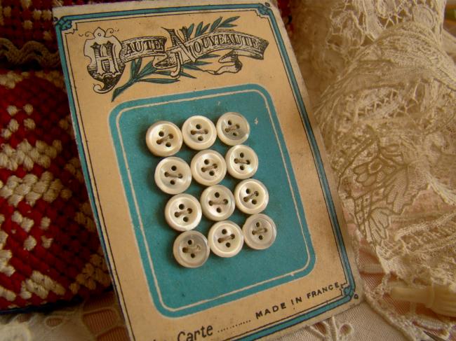 Rare carte 12 mini boutons anciens en nacre, en cuvette,1900 (Ø 6mm)