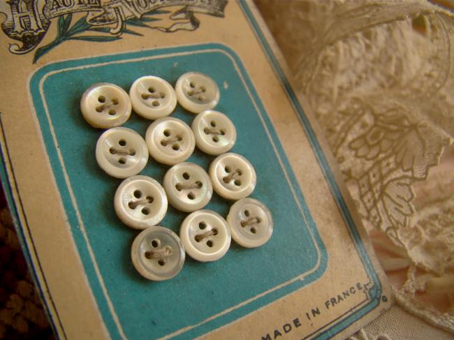 Rare carte 12 mini boutons anciens en nacre, en cuvette,1900 (Ø 6mm)