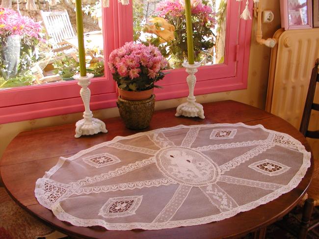 Extraordinary Normandy large table runner white embroidery&Valenciennes