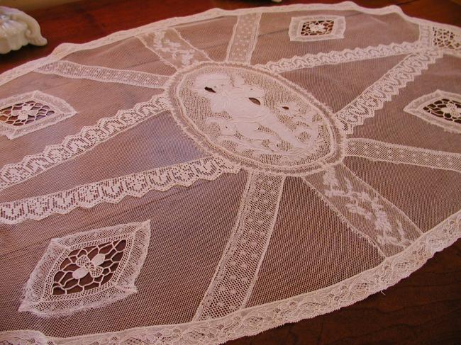 Extraordinary Normandy large table runner white embroidery&Valenciennes