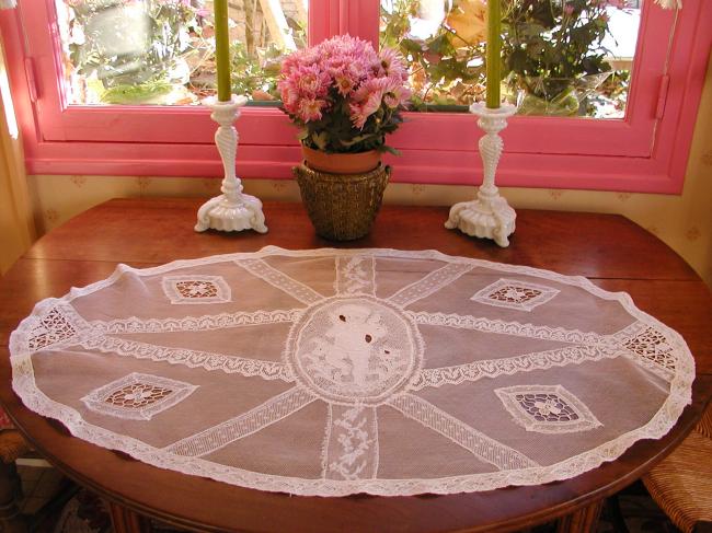Extraordinary Normandy large table runner white embroidery&Valenciennes