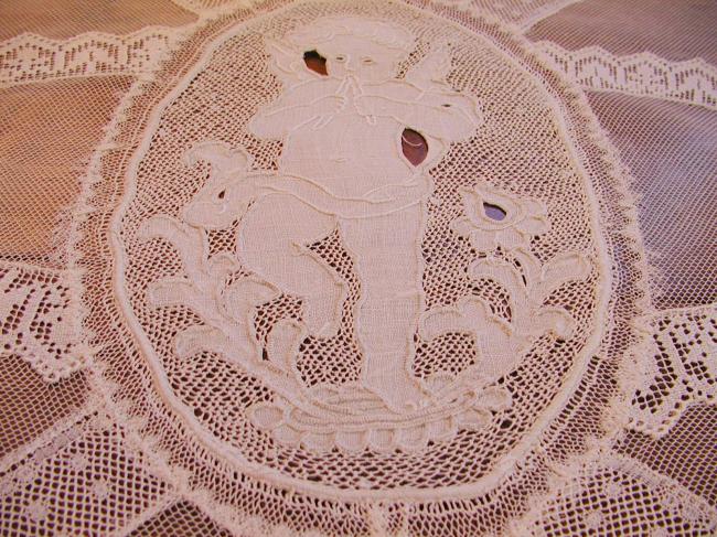 Extraordinary Normandy large table runner white embroidery&Valenciennes
