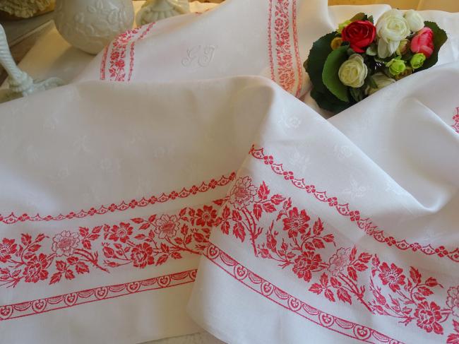 Magnifique nappe en damassé de lin soyeux rouge et blanc, Napoléon III