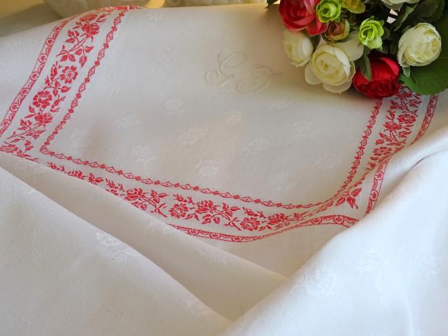 Magnifique nappe en damassé de lin soyeux rouge et blanc, Napoléon III