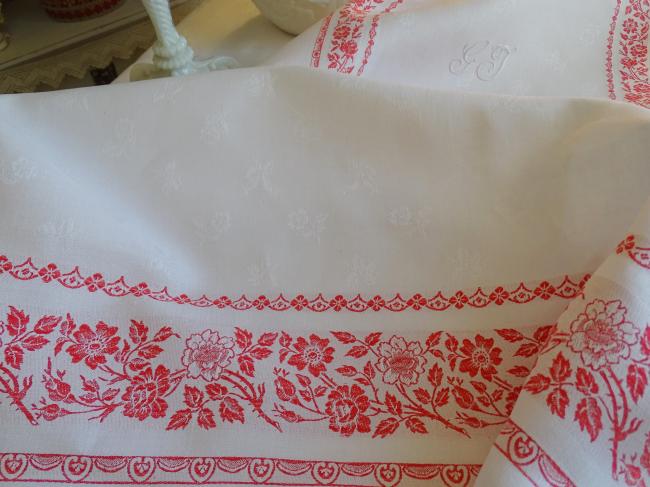 Magnifique nappe en damassé de lin soyeux rouge et blanc, Napoléon III