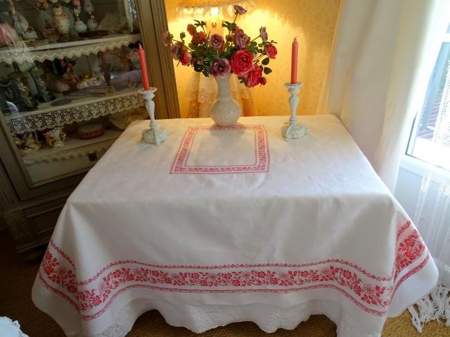 Magnifique nappe en damassé de lin soyeux rouge et blanc, Napoléon III