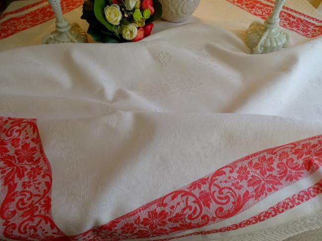 Très jolie nappe en damassé feuilles d'acanthe et églantine 1900