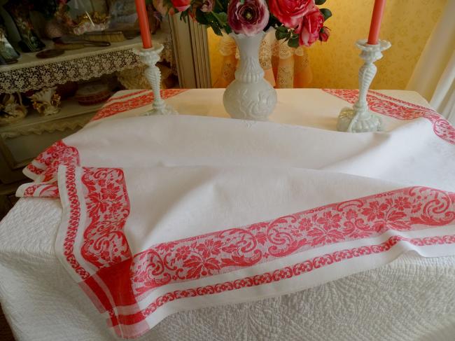 Très jolie nappe en damassé feuilles d'acanthe et églantine 1900