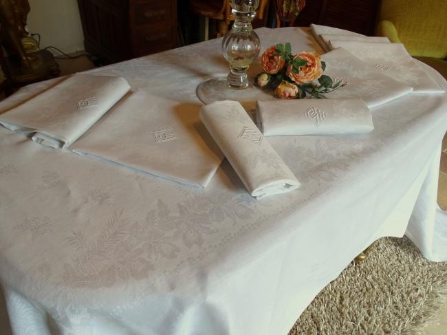 Beau service damassé de lin soyeux, 12 serviettes, monogramme & hibiscus