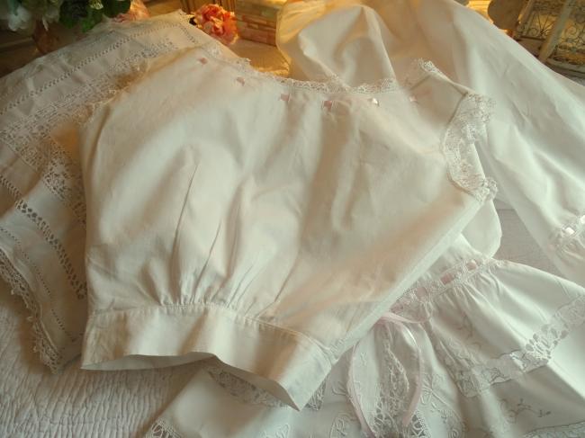 Superbe ensemble culotte panty et corset en batiste, dentelle aux fuseaux 1900