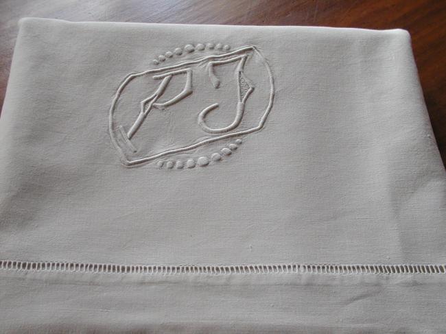 Très beau drap en métis "fleur bleue" avec monogramme PJ