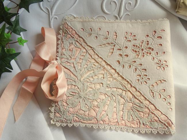 Elégante pochette pour mouchoirs, broderie & dentelle 1900