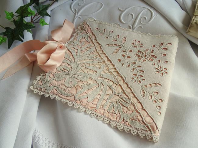 Elégante pochette pour mouchoirs, broderie & dentelle 1900