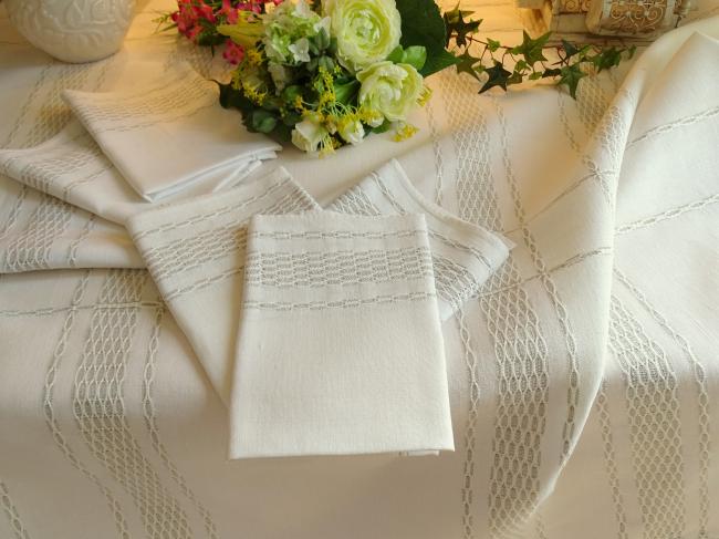 Champêtre service nappe et ses 6 serviettes en lin avec motif tissé 1960