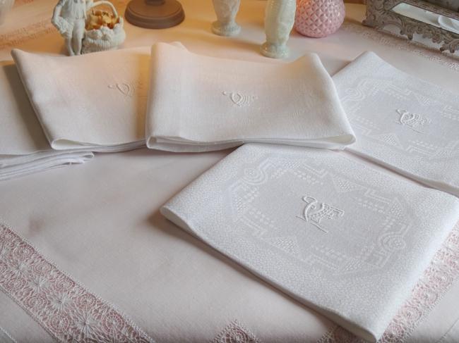 Superbe série de 8 serviettes en damassé de lin, roses Art Déco, mono VF